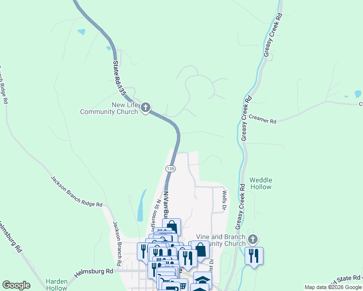 map of restaurants, bars, coffee shops, grocery stores, and more near 1325 North State Road 135 in Nashville