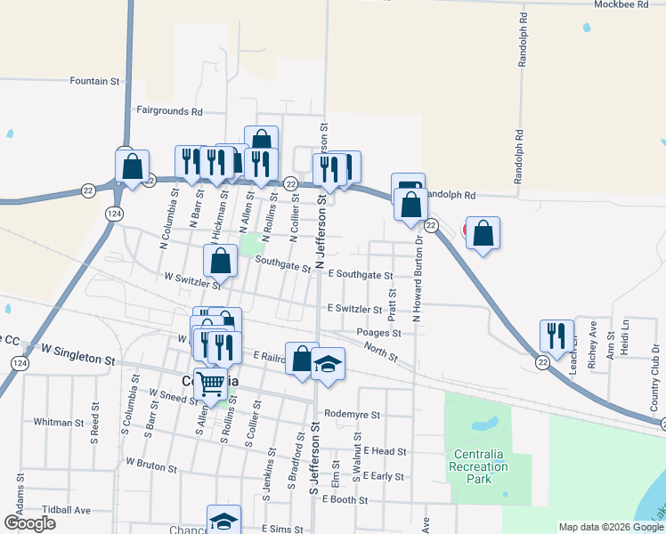 map of restaurants, bars, coffee shops, grocery stores, and more near 590 North Jefferson Street in Centralia