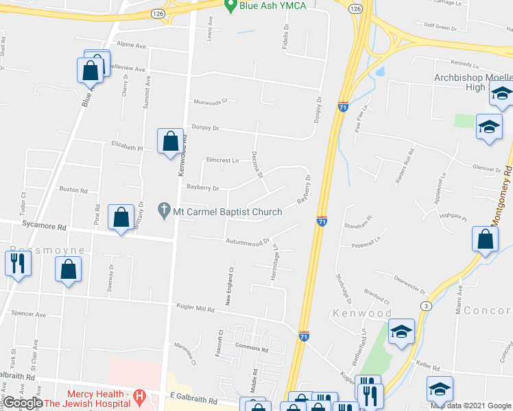 map of restaurants, bars, coffee shops, grocery stores, and more near 5459 Firethorn Court in Cincinnati