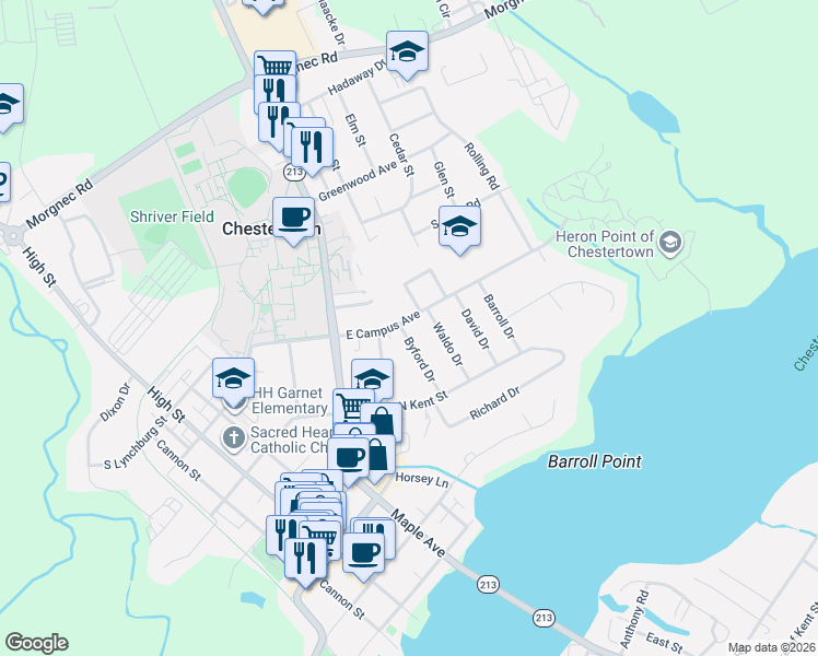 map of restaurants, bars, coffee shops, grocery stores, and more near 207 East Campus Avenue in Chestertown