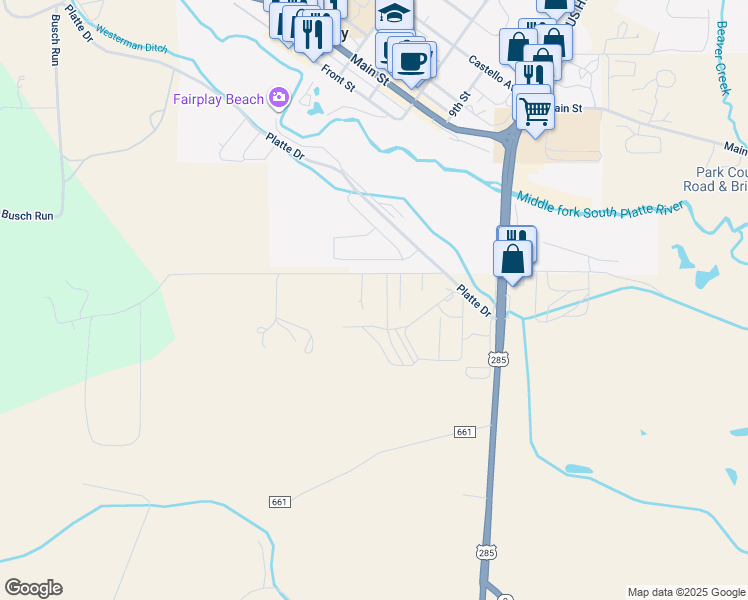 map of restaurants, bars, coffee shops, grocery stores, and more near 12 Stamper Lane in Fairplay