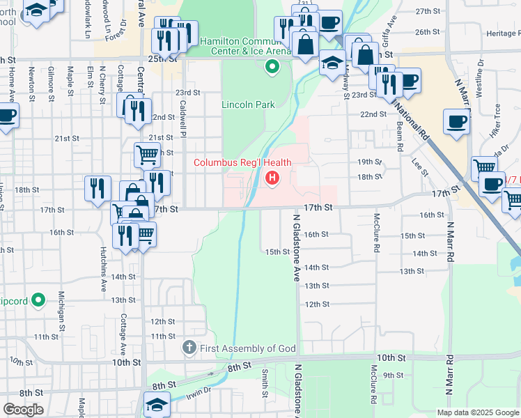 map of restaurants, bars, coffee shops, grocery stores, and more near 2400 17th Street in Columbus