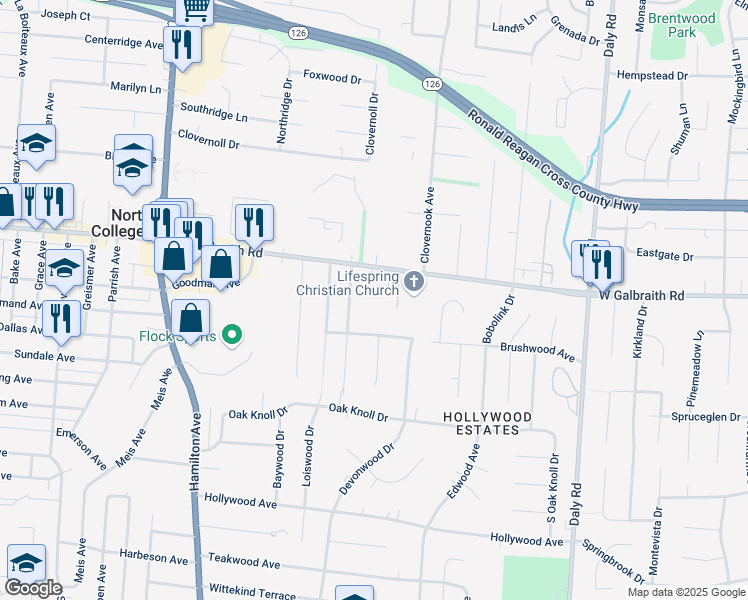 map of restaurants, bars, coffee shops, grocery stores, and more near 1387 Galbraith Road in Cincinnati