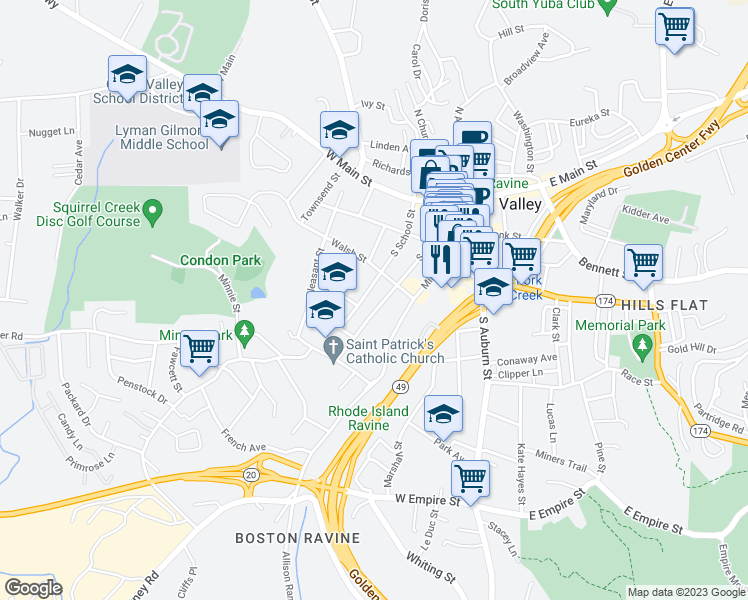map of restaurants, bars, coffee shops, grocery stores, and more near 322 South Church Street in Grass Valley