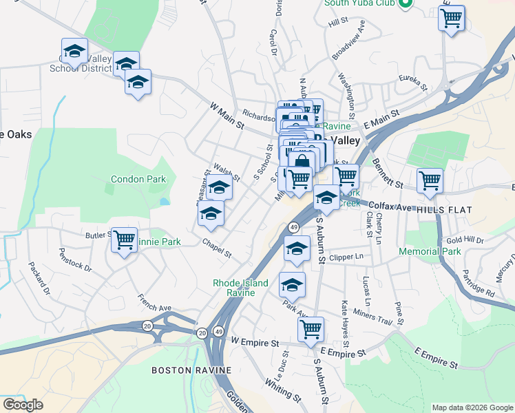 map of restaurants, bars, coffee shops, grocery stores, and more near 302 Walsh Street in Grass Valley