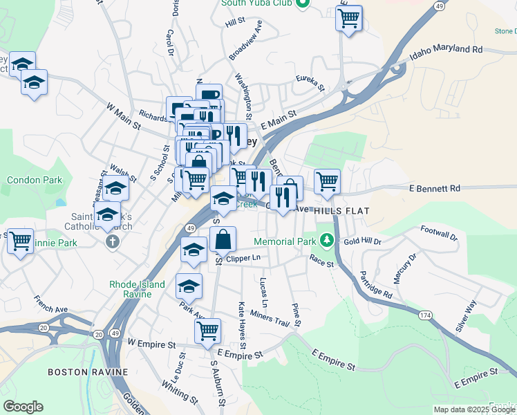 map of restaurants, bars, coffee shops, grocery stores, and more near 217 Colfax Avenue in Grass Valley
