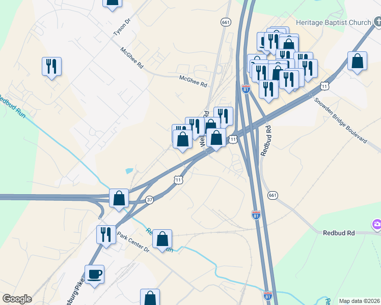map of restaurants, bars, coffee shops, grocery stores, and more near 1521 Martinsburg Pike in Winchester