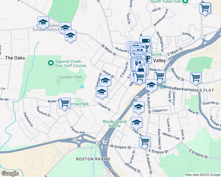 map of restaurants, bars, coffee shops, grocery stores, and more near 322 South Church Street in Grass Valley