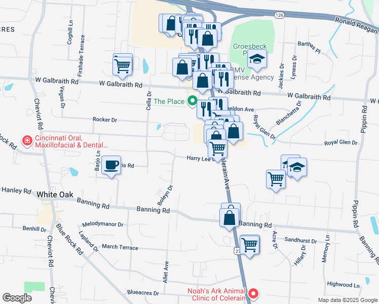 map of restaurants, bars, coffee shops, grocery stores, and more near 3222 Harry Lee Lane in Cincinnati