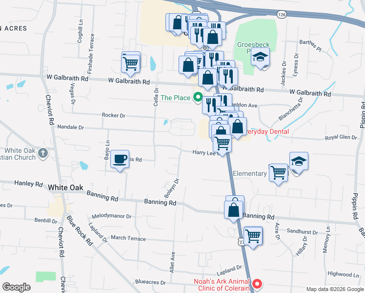 map of restaurants, bars, coffee shops, grocery stores, and more near 3276 Harry Lee Lane in Cincinnati