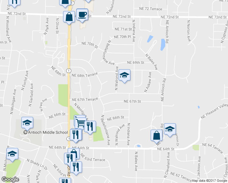 map of restaurants, bars, coffee shops, grocery stores, and more near 6708 North Walrond Avenue in Kansas City