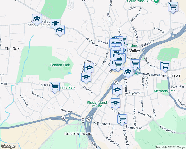 map of restaurants, bars, coffee shops, grocery stores, and more near 335 Columbia Avenue in Grass Valley