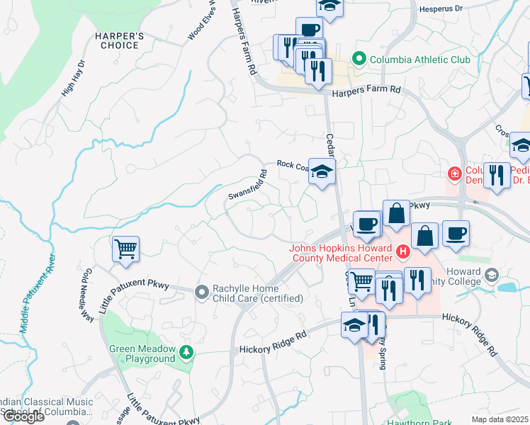 map of restaurants, bars, coffee shops, grocery stores, and more near 10902 Swansfield Road in Columbia