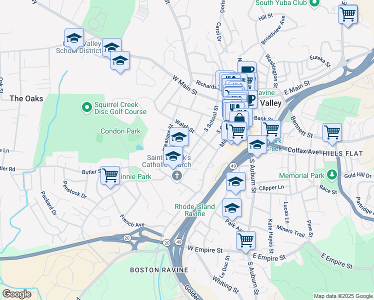 map of restaurants, bars, coffee shops, grocery stores, and more near 334 South School Street in Grass Valley