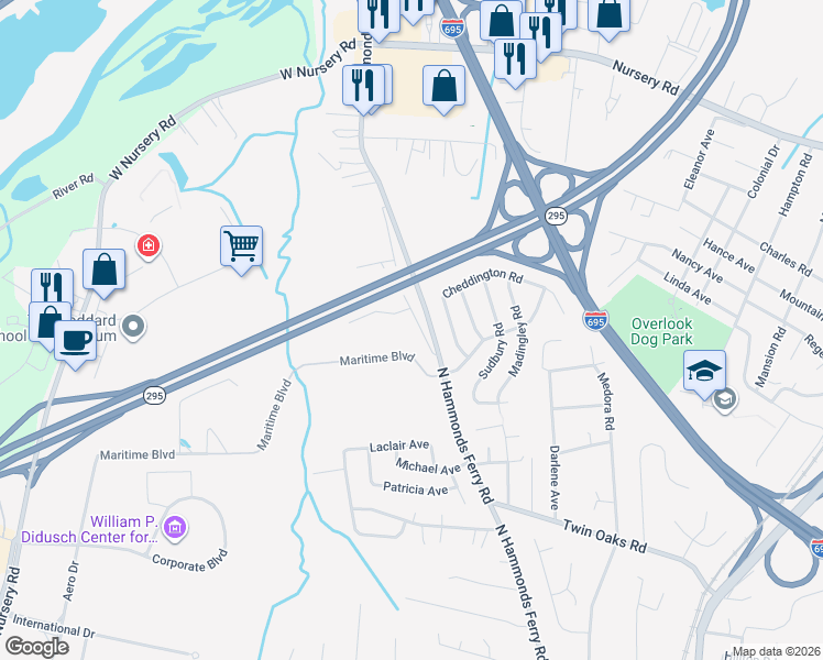 map of restaurants, bars, coffee shops, grocery stores, and more near 520 Old Hammonds Ferry Road in Linthicum Heights