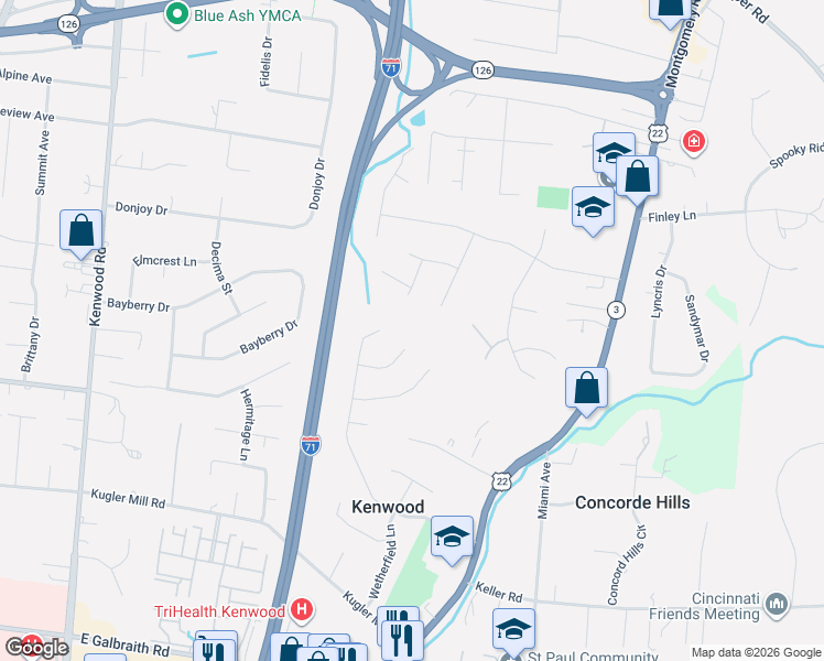 map of restaurants, bars, coffee shops, grocery stores, and more near 6598 Stoneham Place in Cincinnati