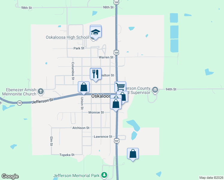 map of restaurants, bars, coffee shops, grocery stores, and more near 507 Cherokee Street in Oskaloosa