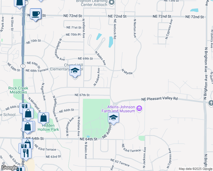 map of restaurants, bars, coffee shops, grocery stores, and more near 6728 North Randall Court in Gladstone