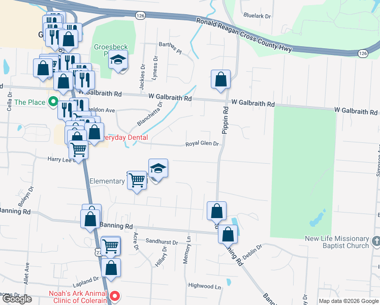 map of restaurants, bars, coffee shops, grocery stores, and more near 2627 Royal Glen Dr in Cincinnati