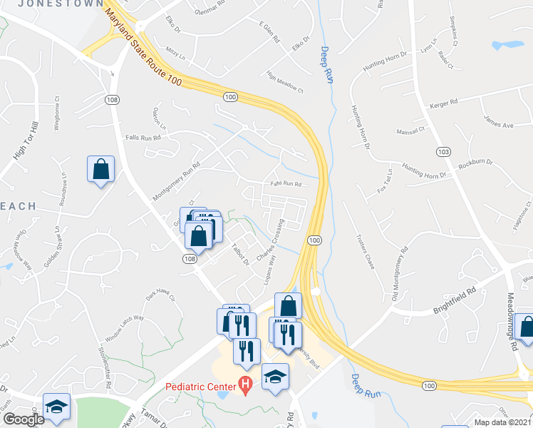 map of restaurants, bars, coffee shops, grocery stores, and more near 6043 Maple Hill Road in Ellicott City