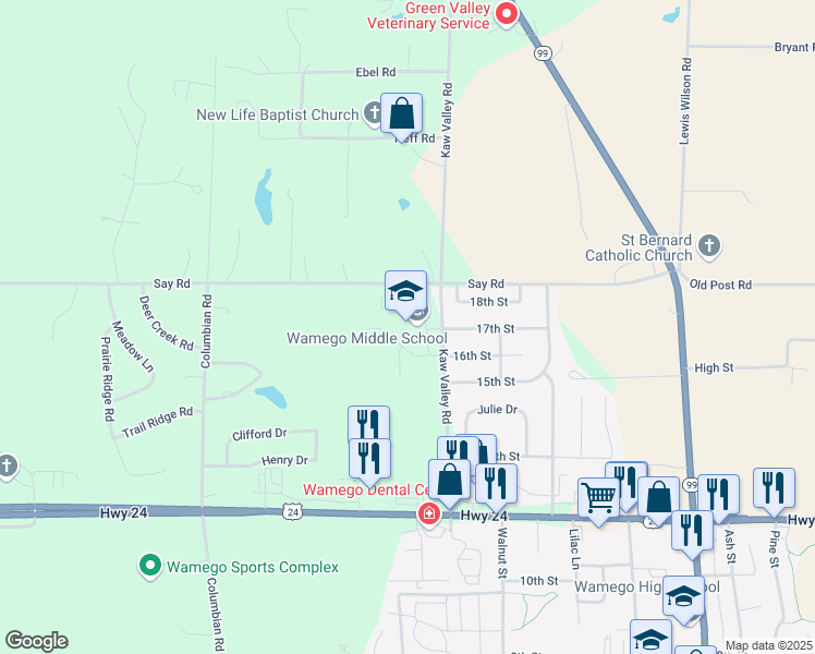 map of restaurants, bars, coffee shops, grocery stores, and more near 1701 Kaw Valley Road in Wamego