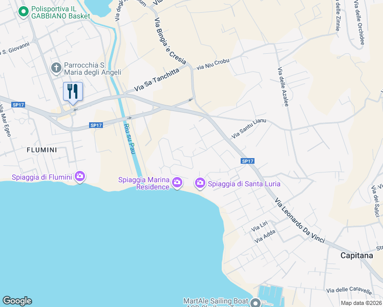 map of restaurants, bars, coffee shops, grocery stores, and more near 88 Via Lago di Varese in Quartu Sant'Elena