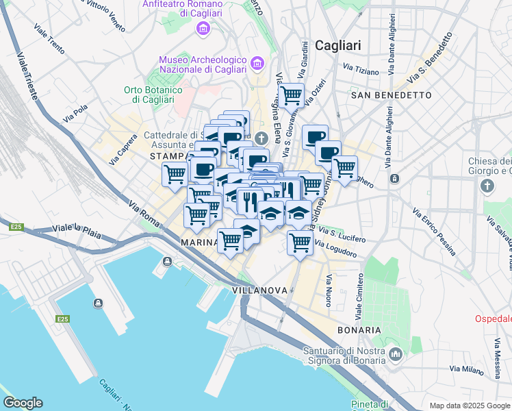 map of restaurants, bars, coffee shops, grocery stores, and more near Piazza Costituzione in Cagliari