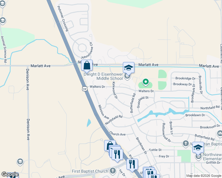 map of restaurants, bars, coffee shops, grocery stores, and more near 2850 Kirkwood Drive in Manhattan