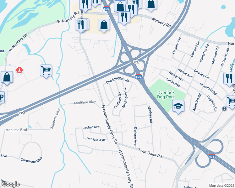 map of restaurants, bars, coffee shops, grocery stores, and more near 500 Sudbury Road in Linthicum Heights