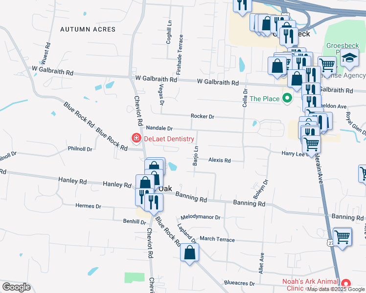 map of restaurants, bars, coffee shops, grocery stores, and more near 3395 Lakemeadow Court in Cincinnati