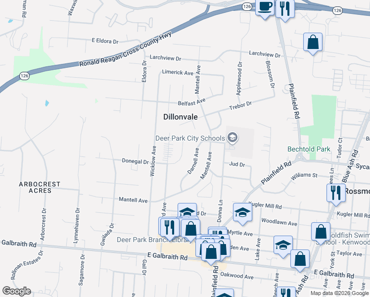map of restaurants, bars, coffee shops, grocery stores, and more near 8572 Donegal Drive in Cincinnati
