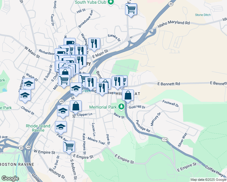 map of restaurants, bars, coffee shops, grocery stores, and more near 312 Colfax Avenue in Grass Valley