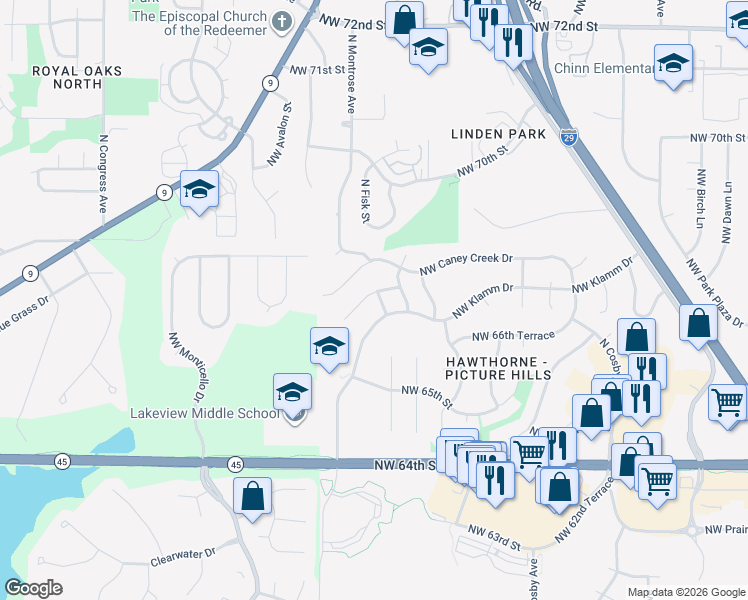 map of restaurants, bars, coffee shops, grocery stores, and more near 6708 North Fisk Avenue in Kansas City