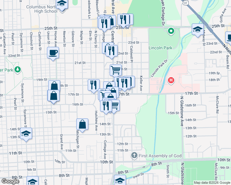 map of restaurants, bars, coffee shops, grocery stores, and more near 1701 Central Avenue in Columbus
