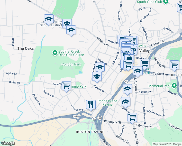 map of restaurants, bars, coffee shops, grocery stores, and more near 346 Pleasant Street in Grass Valley