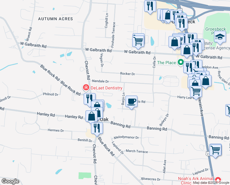 map of restaurants, bars, coffee shops, grocery stores, and more near 3395 Lakemeadow Court in Cincinnati