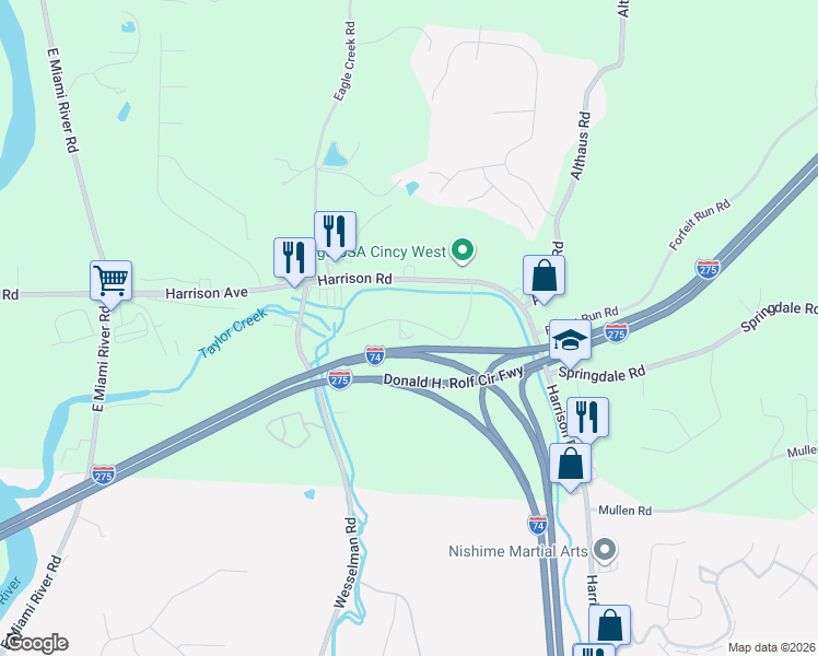 map of restaurants, bars, coffee shops, grocery stores, and more near 7233 Creekview Drive in Cincinnati