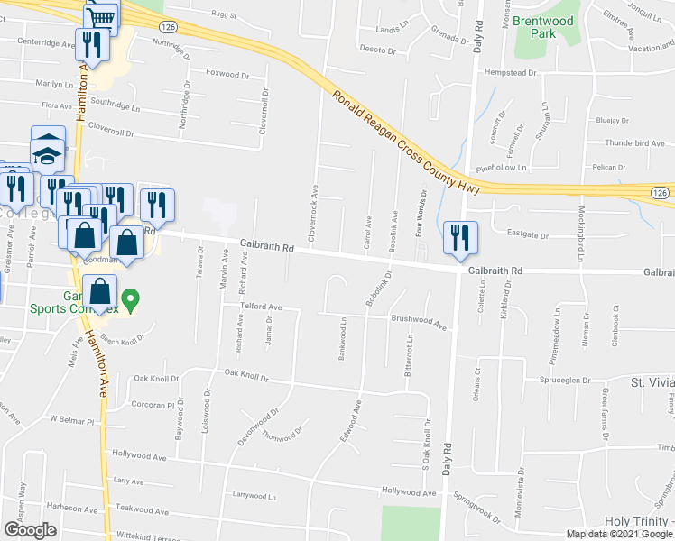 map of restaurants, bars, coffee shops, grocery stores, and more near 7945 Cherrywood Court in Cincinnati