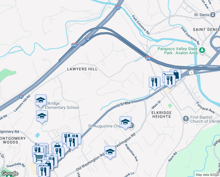 map of restaurants, bars, coffee shops, grocery stores, and more near 6061 Lawyers Hill Road in Elkridge