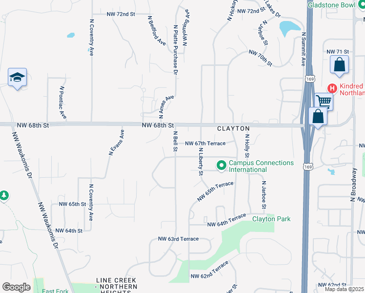 map of restaurants, bars, coffee shops, grocery stores, and more near 1629 Northwest 67th Terrace in Kansas City