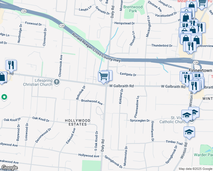 map of restaurants, bars, coffee shops, grocery stores, and more near W Galbraith Rd & Daly Rd in Cincinnati