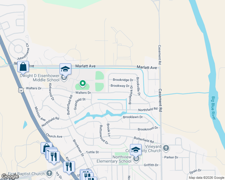 map of restaurants, bars, coffee shops, grocery stores, and more near 408 Walters Drive in Manhattan