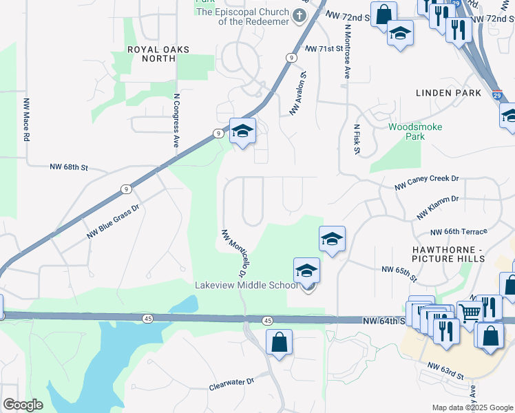 map of restaurants, bars, coffee shops, grocery stores, and more near 6826 Northwest Monticello Court in Kansas City