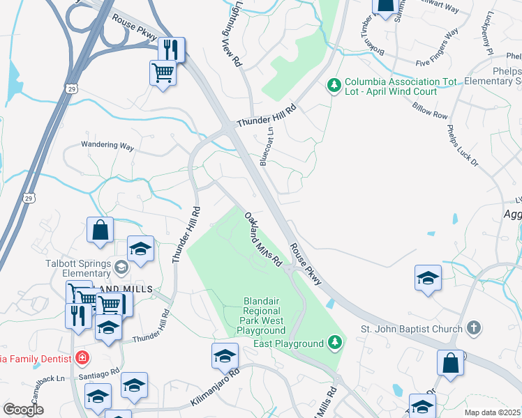 map of restaurants, bars, coffee shops, grocery stores, and more near 5661 Oakland Mills Road in Columbia