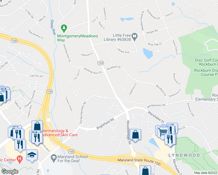 map of restaurants, bars, coffee shops, grocery stores, and more near 5628 Montgomery Road in Ellicott City