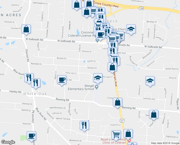 map of restaurants, bars, coffee shops, grocery stores, and more near 3276 Harry Lee Lane in Cincinnati