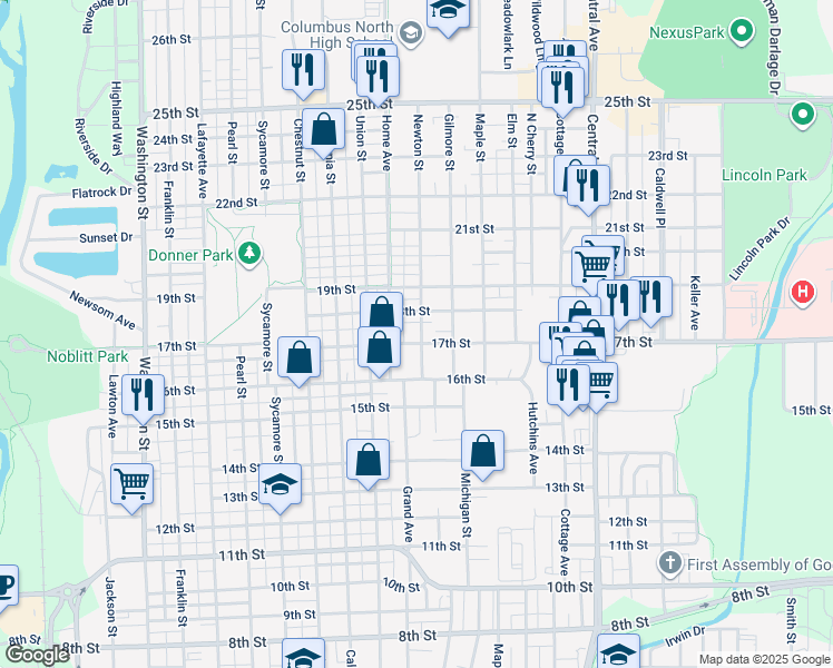 map of restaurants, bars, coffee shops, grocery stores, and more near 1710 Newton Street in Columbus