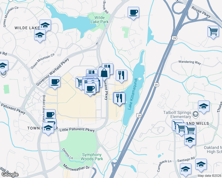 map of restaurants, bars, coffee shops, grocery stores, and more near 10221 Wincopin Circle in Columbia