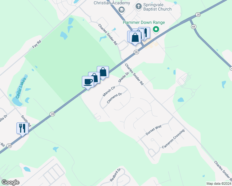 map of restaurants, bars, coffee shops, grocery stores, and more near 5712 Clemens Drive in Loveland