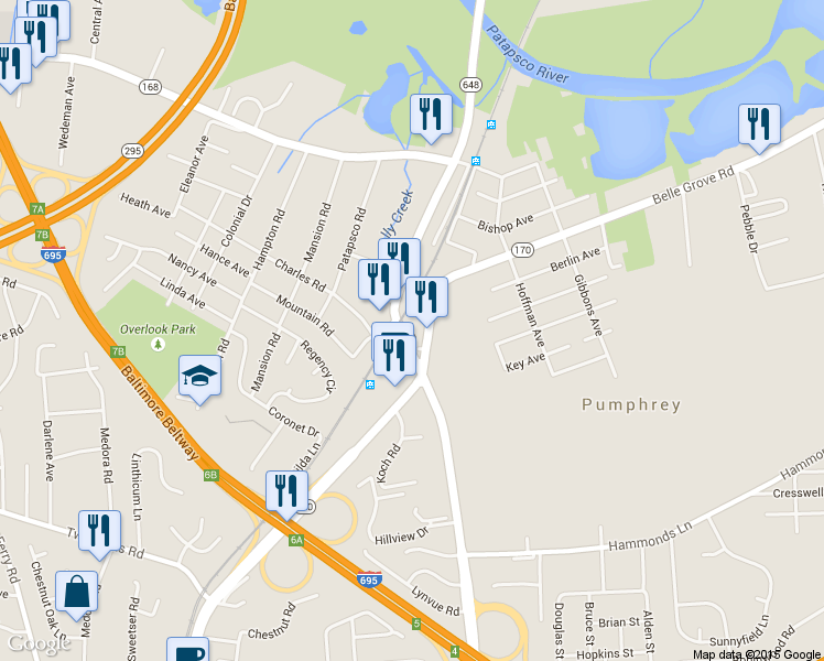 map of restaurants, bars, coffee shops, grocery stores, and more near 6054 Belle Grove Road in Pumphrey